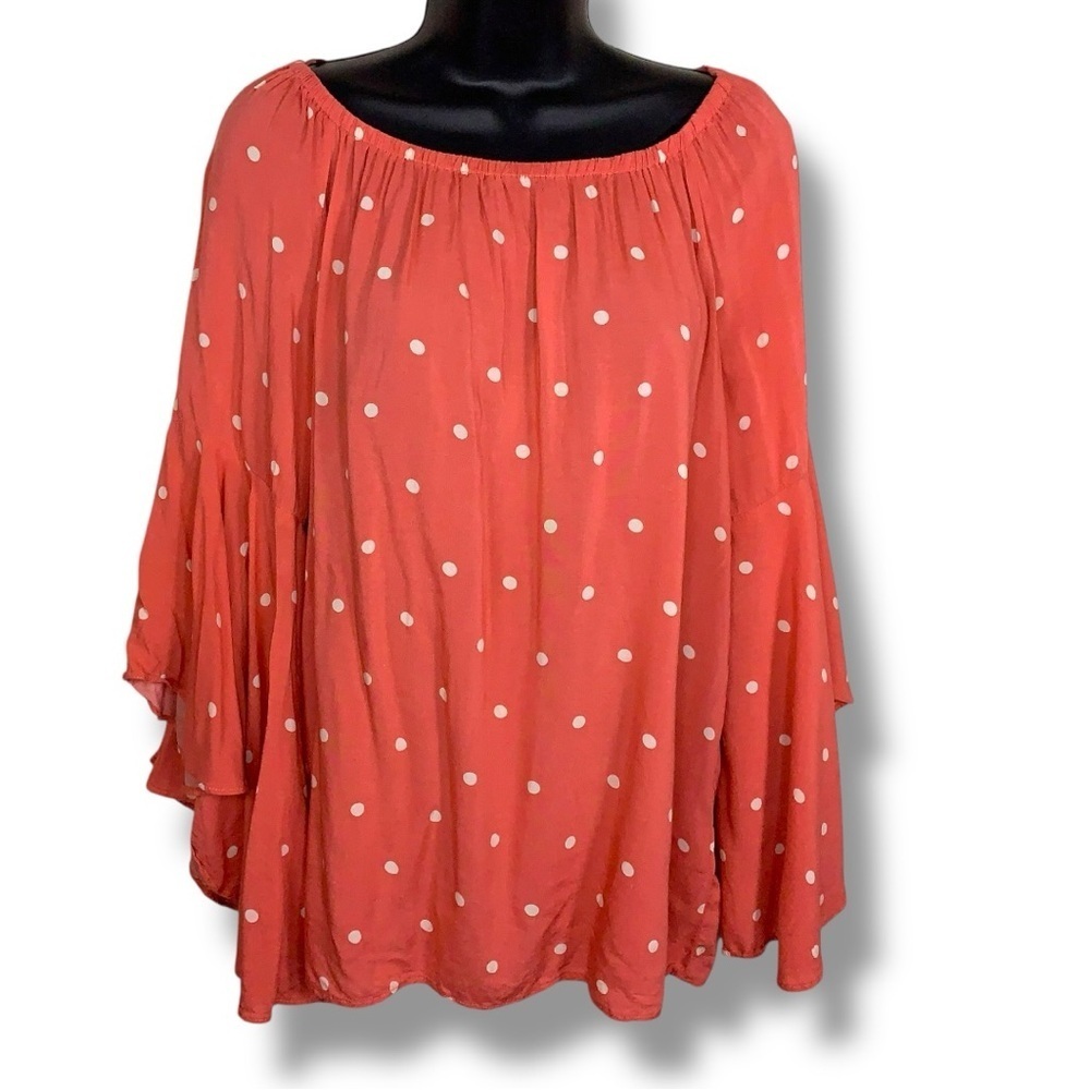 Medium Fever Coral White Polka Dot Peasant Blouse Bell Sleeve Off Shoulder